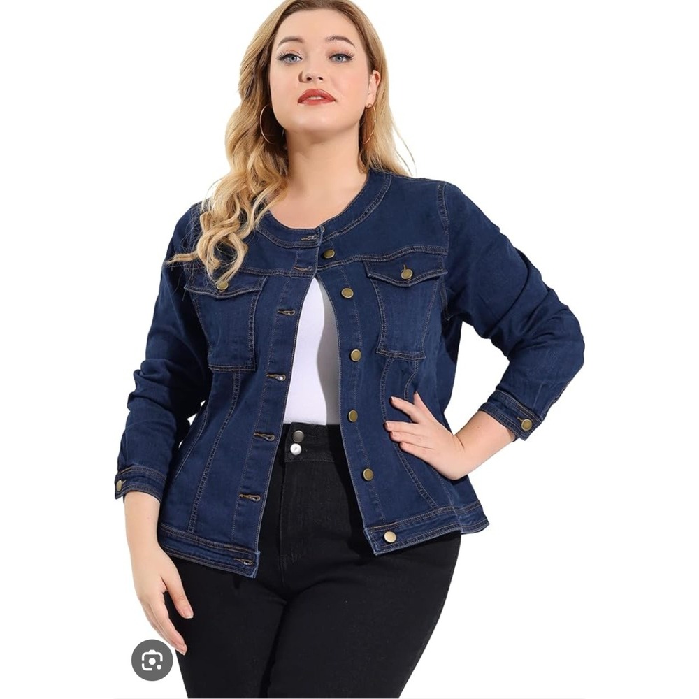Agnes Orinda Mens Plus 4X Indigo Blue Collarless Denim Trucker Jacket NWT‎